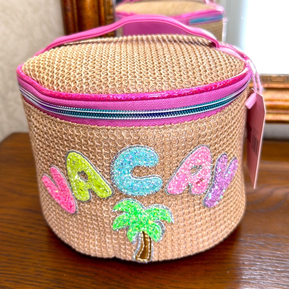 New Miss Gwen’s OMG Accessories natural/pink VACAY bag. Colorful glitter letters